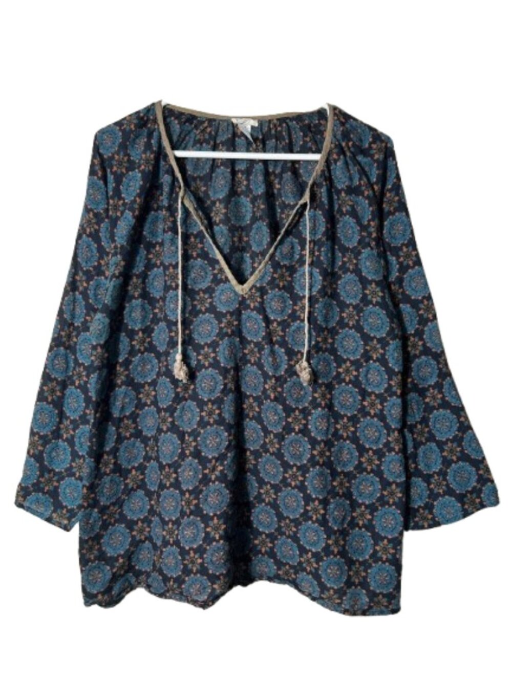 Natural life blue print tassel tunic top womens L flawed boho relaxed